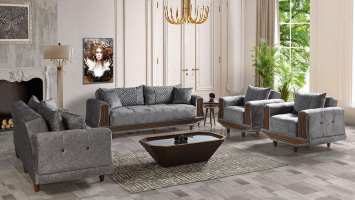 Canapé-Set 3+2+1+1 Sëtzer Textil Holz Sofa 3 Sëtzer Modern Still Komplett Set