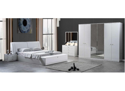 Bett 2x Nuetsdëscher Schlofkummer Wäiss 5 Deeler Designer Luxus Miwwelen Holz