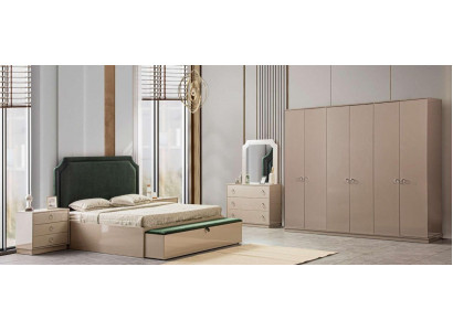 Bett 2x Nuetsdësch 5 tlg. Schlofzëmmer Set Design Luxus Modern Polster.