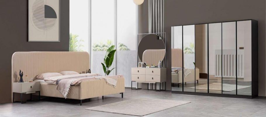 Schlofkummer Set Bett 2x Nuetsdëscher Kommoden Designer Miwwelen 5tlg.