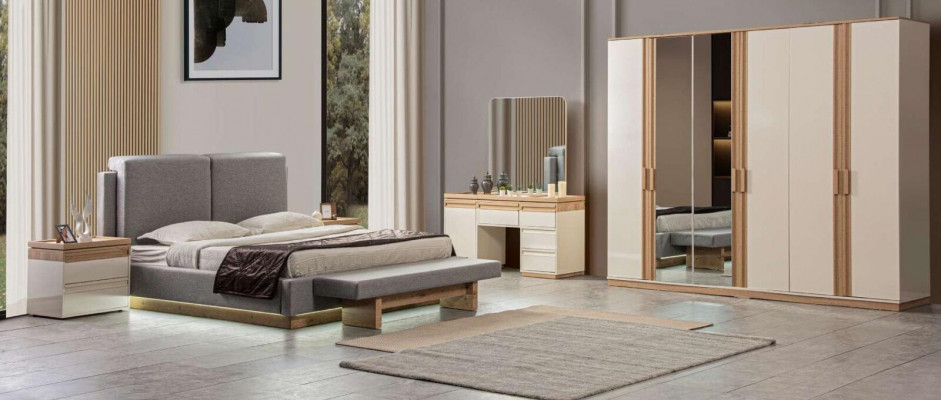 Schlofkummer Set Bett 2x Nuetsdëscher Kleederschaf 5tlg Luxus Miwwelen