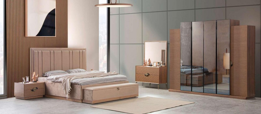 Schlofkummer Set Miwwelen Bett 2x Nuetsdëscher 5 Deeler Modern Luxus Nei
