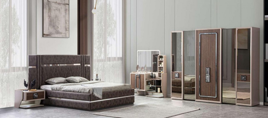 Bett 2x Nuetsdëscher 5-deelig Schlofkummer Design Modern Luxus Miwwelen Nei