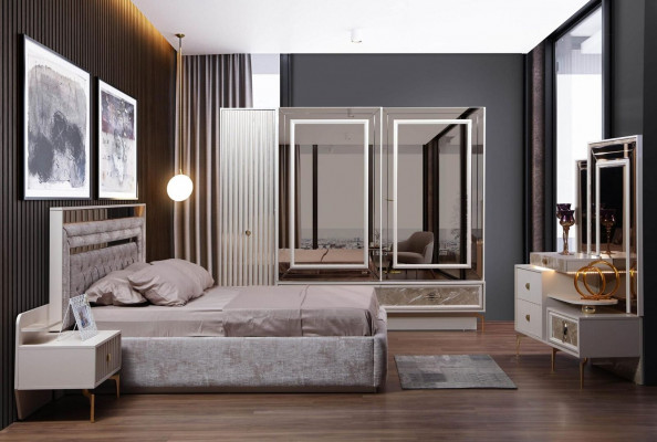 Modern Komplettschlofzëmmer Set Designer Bett 2x Nuetsstillen 5-Deeler