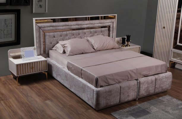 Moderne Schlofzëmmer Komplettset Bett Nuetsdëscher Designer Miwwelen