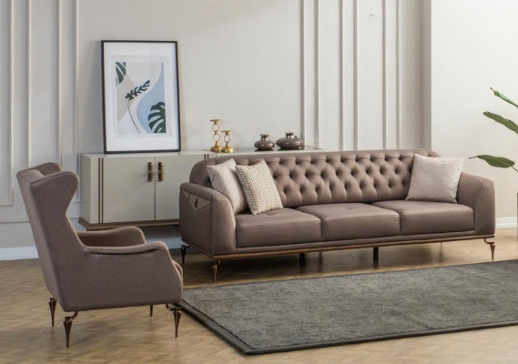 Beige Chesterfield Wunnzëmmer Sofa-Sätz 3+1 Sëtzer Luxus Dräichen Nei