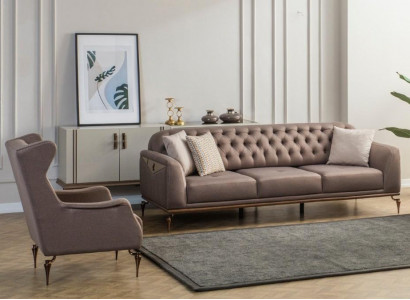 Beige Chesterfield Wunnzëmmer Sofa-Sätz 3+1 Sëtzer Luxus Dräichen Nei