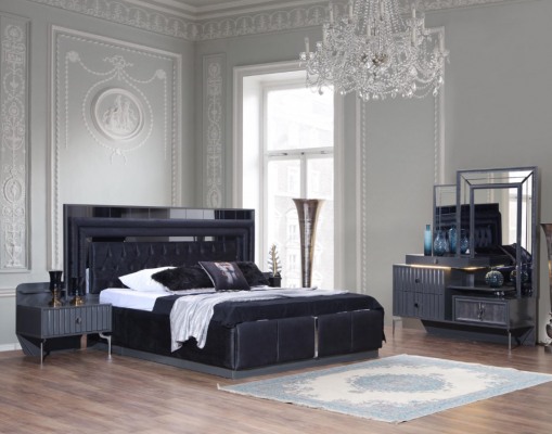 Komplett Schwaarzt Schlofzëmmer Set Luxus Duebelbett Nuetsdëscher 4-Stéck Set