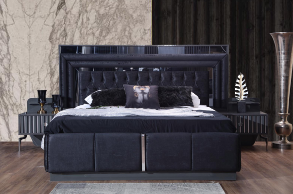 Komplett Schwaarzt Schlofzëmmer Set Luxus Duebelbett Nuetsdëscher 4-Stéck Set