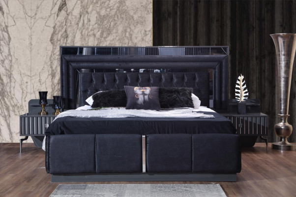 Schwaarzt Luxus Chesterfield Duebelbett Modern Bettgestell Holz Miwwelen