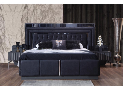 Schwaarzt Luxus Chesterfield Duebelbett Modern Bettgestell Holz Miwwelen