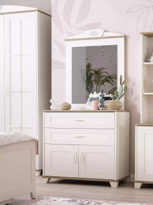 Garnitur Kommode mat Spigel Set Schaf Holz Wäiss Kommoden Design