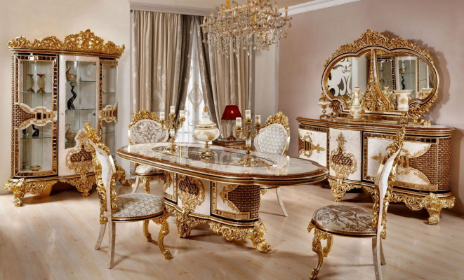 Luxuriéist Iesszëmmer Set Wäiss-Gold Iessdësch 4x Stull Kommode 6tlg Miwwelen