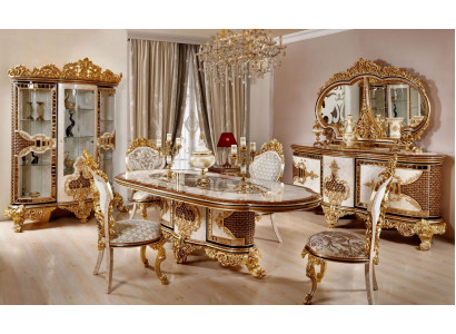 Luxuriéist Iesszëmmer Set Wäiss-Gold Iessdësch 4x Stull Kommode 6tlg Miwwelen