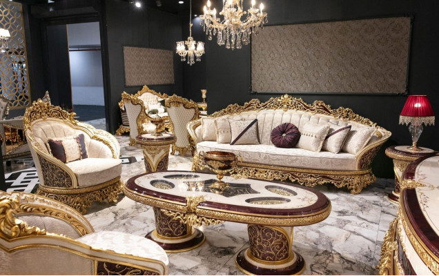 Wäiss-Gëllen Sofa-Garnitur Chesterfield 3+1 Sëtzer Dëschset 3 Deeler Sofa