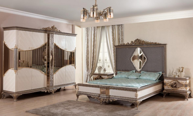 Wäiss-gëllen Schlofzëmmer Geschir Duebelbett 2x Nuetsdëscher Schaf Set Bett