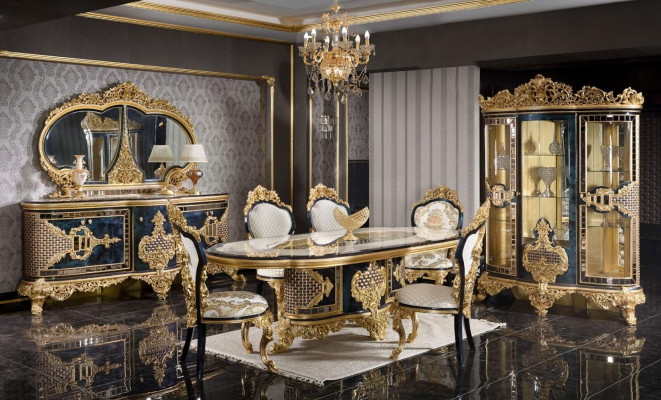 Stilvollen Schwarz-Goldenen Iesszëmmer Set Luxus Garnitur Kommode Iessdësch