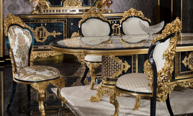 Stilvollen Schwarz-Goldenen Iesszëmmer Set Luxus Garnitur Kommode Iessdësch