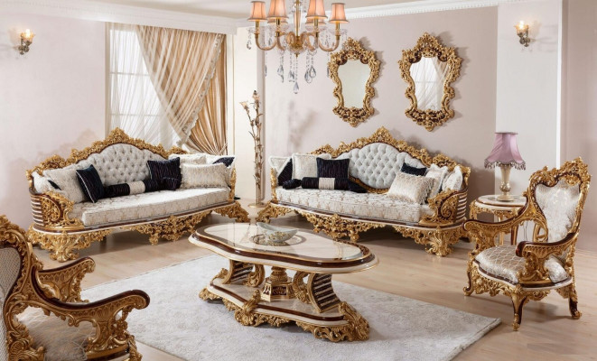 Wäiss-Gold Chesterfield Sofagarnitur 3+3+1 Sëtzer Couch Sëtz 3 Deeler