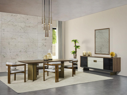 Iessplaz Iessgrupp Garnitur Iessdësch Set 9 Deeler Iesszëmmer Braun Holz Nei