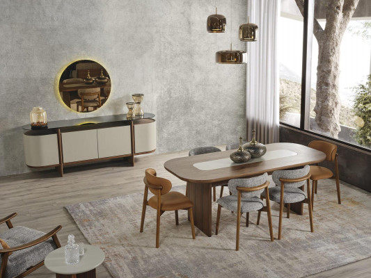 Iessgrupp Garnitur Issek Iessdësch Set 9 Deeler Iesszëmmer Braun Holz Nei