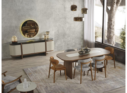 Iessgrupp Garnitur Issek Iessdësch Set 9 Deeler Iesszëmmer Braun Holz Nei