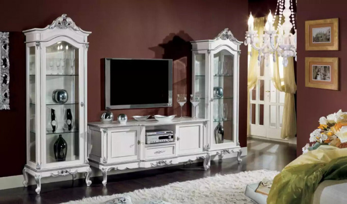 Wunnzëmmer Set Mauerregal TV-Stänner Wunnwand 2x Vitrin Designe 3tlg. Nei