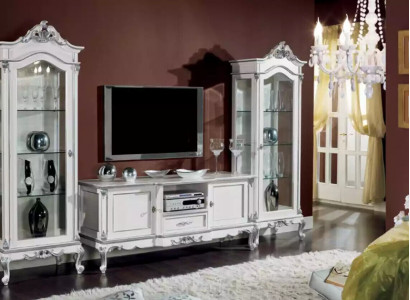 Wunnzëmmer Set Mauerregal TV-Stänner Wunnwand 2x Vitrin Designe 3tlg. Nei