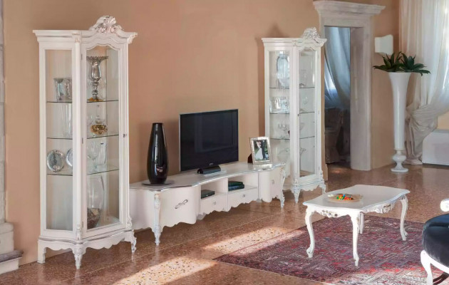 Wäiss Wunnzëmmer Wunnwand Luxus Miwwelen TV-Ständer 2x Vitrinnen Couchtisch