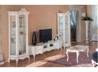 Wäiss Wunnzëmmer Wunnwand Luxus Miwwelen TV-Ständer 2x Vitrinnen Couchtisch