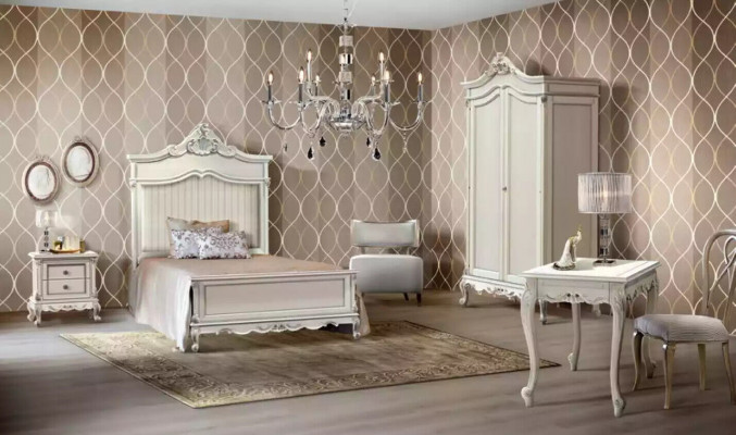 Schlofzëmmer Set Stil Modern Bett Nuetsdësch Schreifdësch Miwwelen 4 Stécker.