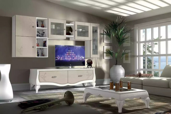 Wunnwand Wunnzëmmer Luxus Set Vitrin Lowboard Mauerregal TV 5 Stéck. Nei