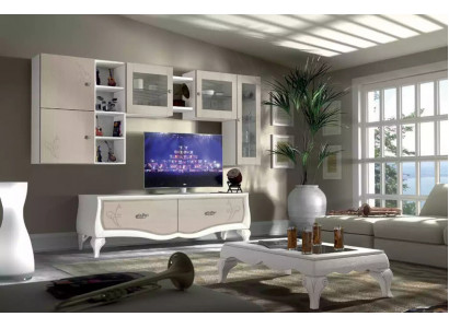 Wunnwand Wunnzëmmer Luxus Set Vitrin Lowboard Mauerregal TV 5 Stéck. Nei