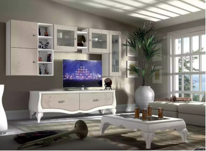 Wunnwand Wunnzëmmer Luxus Set Vitrin Lowboard Mauerregal TV 5 Stéck. Nei