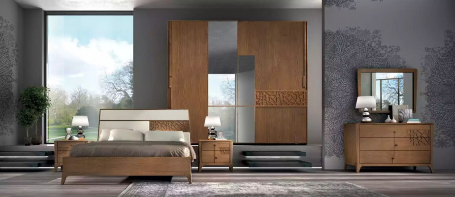 Schlofzëmmer Set 6-Stéck Luxus Bett 2x Nuetsdëscher Kleederschaf Holz Nei