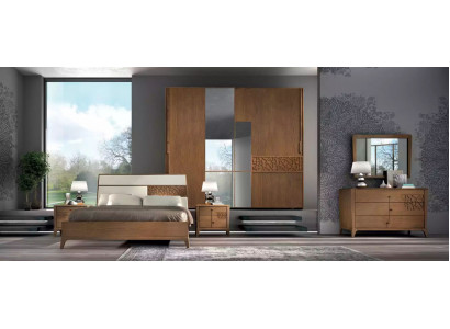 Schlofzëmmer Set 6-Stéck Luxus Bett 2x Nuetsdëscher Kleederschaf Holz Nei