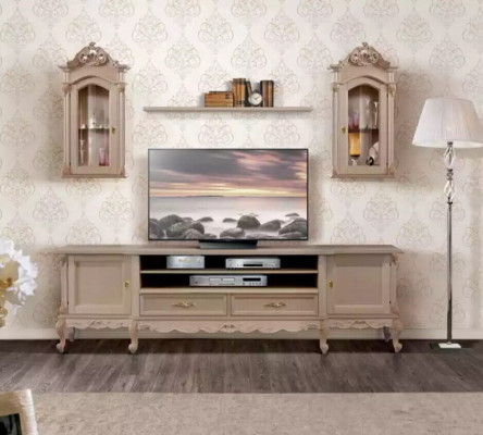 Wunnwand Lowboard Modern Wunnzëmmer Braun Regaler Holz 2x Wandvitrin Nei