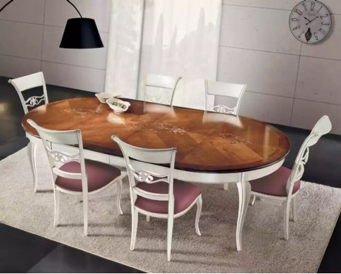 Klasseschen Iessdësch Dësch Holz Iesszëmmer Garnitur 4x Stull Set Wäiss