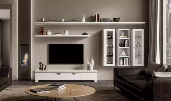 Wunnzëmmer Niddreg Board Wunnmauer Holz Schaf Design Wäiss Modern Set 6-Deeler.