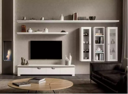 Wunnzëmmer Niddreg Board Wunnmauer Holz Schaf Design Wäiss Modern Set 6-Deeler.
