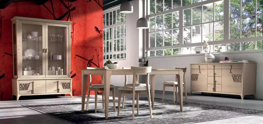 Garnitur Set Dësch 4x Still Beige Vitrin Set Iessgrupp 7tlg. Iesszëmmer