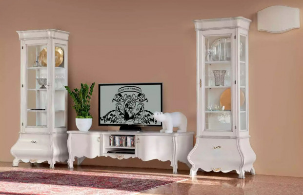 Wäiss Luxus Wunnzëmmer Wunnwand Miwwelen 2x Vitrinnen TV-Stänner Klassesch