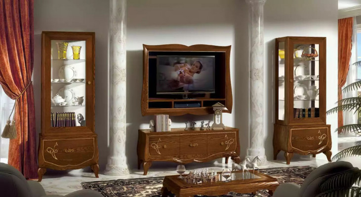 Wunnwand RTV Lowboard TV-Rahmen 2x Vitrinn Braun Wunnzëmmer Set 4tlg