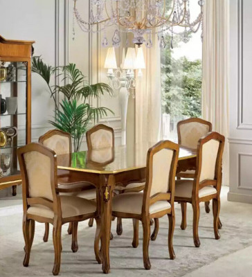 Klassesche Iessdësch Dësch Holz Iesszëmmer Garnitur 6x Still 9 Stéck.