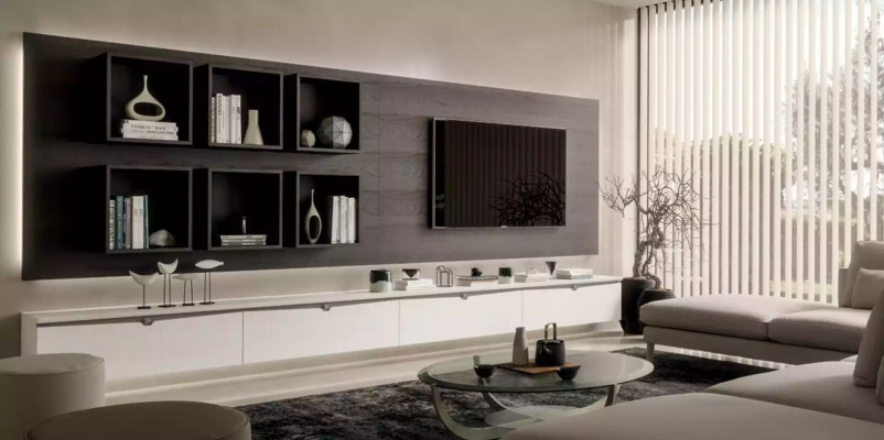 Design Wandhaff Regal Wunnzëmmer TV-Stänner Holz Wand Regaler Italien