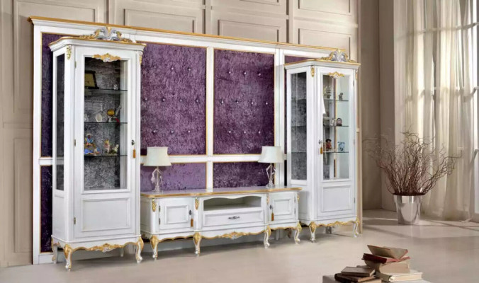 Wohnwand TV Stand RTV 2x Vitrine Holz Klassesch Wäiss Wunnzëmmer Nei