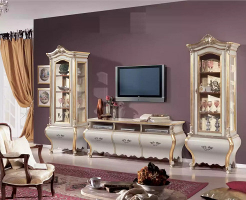 Klassesch Wunnzëmmer Wohnwand Schief Vitrine Luxus Set Holzmöbler 3 Deeler