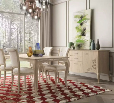 Iesszëmmer Set 6tlg. Iessdësch 4x Still Sideboard Grupp Garnitur Béisch.