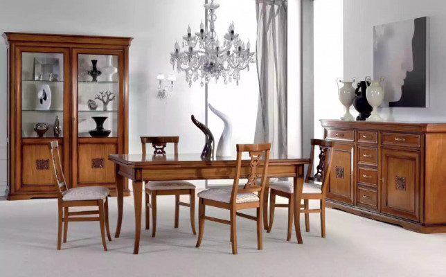 Design Iesszëmmer Set Garnitur 7 Stéck Holz Miwwelen 4x Still Dësch Vitrinn Nei