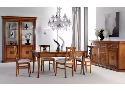 Design Iesszëmmer Set Garnitur 7 Stéck Holz Miwwelen 4x Still Dësch Vitrinn Nei